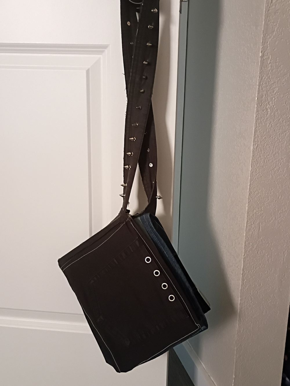 Black Canvas Crossbody Bag with Studded Strap